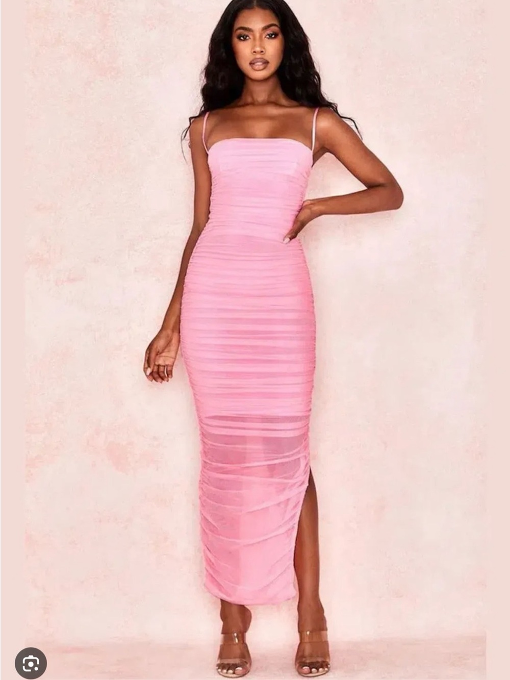 House of CB Pink Ruched Midi Dress with Side Slit